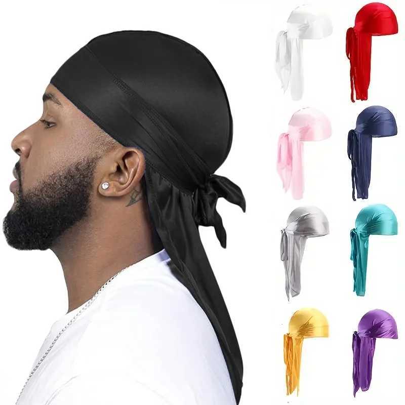 New Mens Long Silky Satin Breathable Turban Hat Wigs Doo Durag Biker Headwrap Chemo Cap Pirate Hat Men Hair Accessories M250623