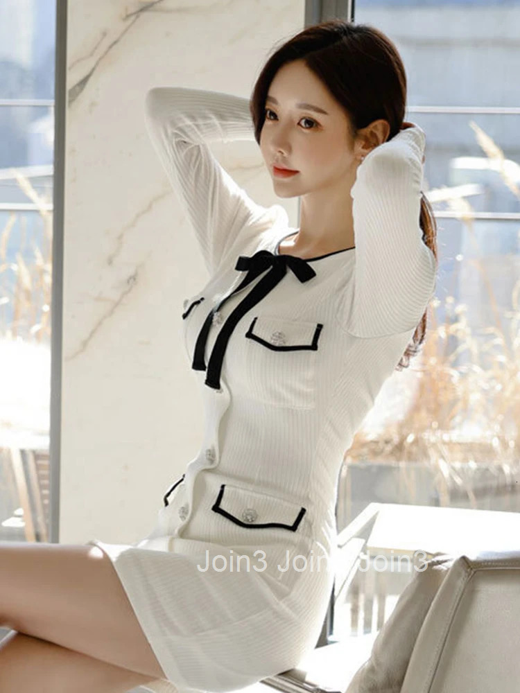 Korean Fashion Autumn Winter Knitted Short Dress Mujer Women Ladies Sweater O-Neck Long Sleeve Skinny Vestidos Stretchy Clothes