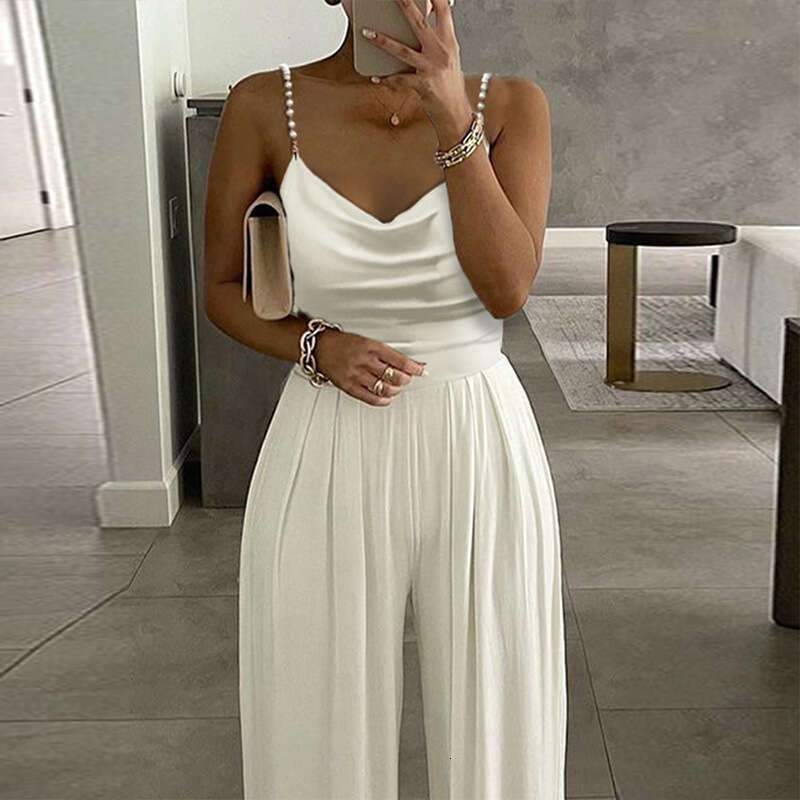 New Style European and American Pearl Strap Wide-Leg Sleeveless V-Neck Backless Long Jumpsuit