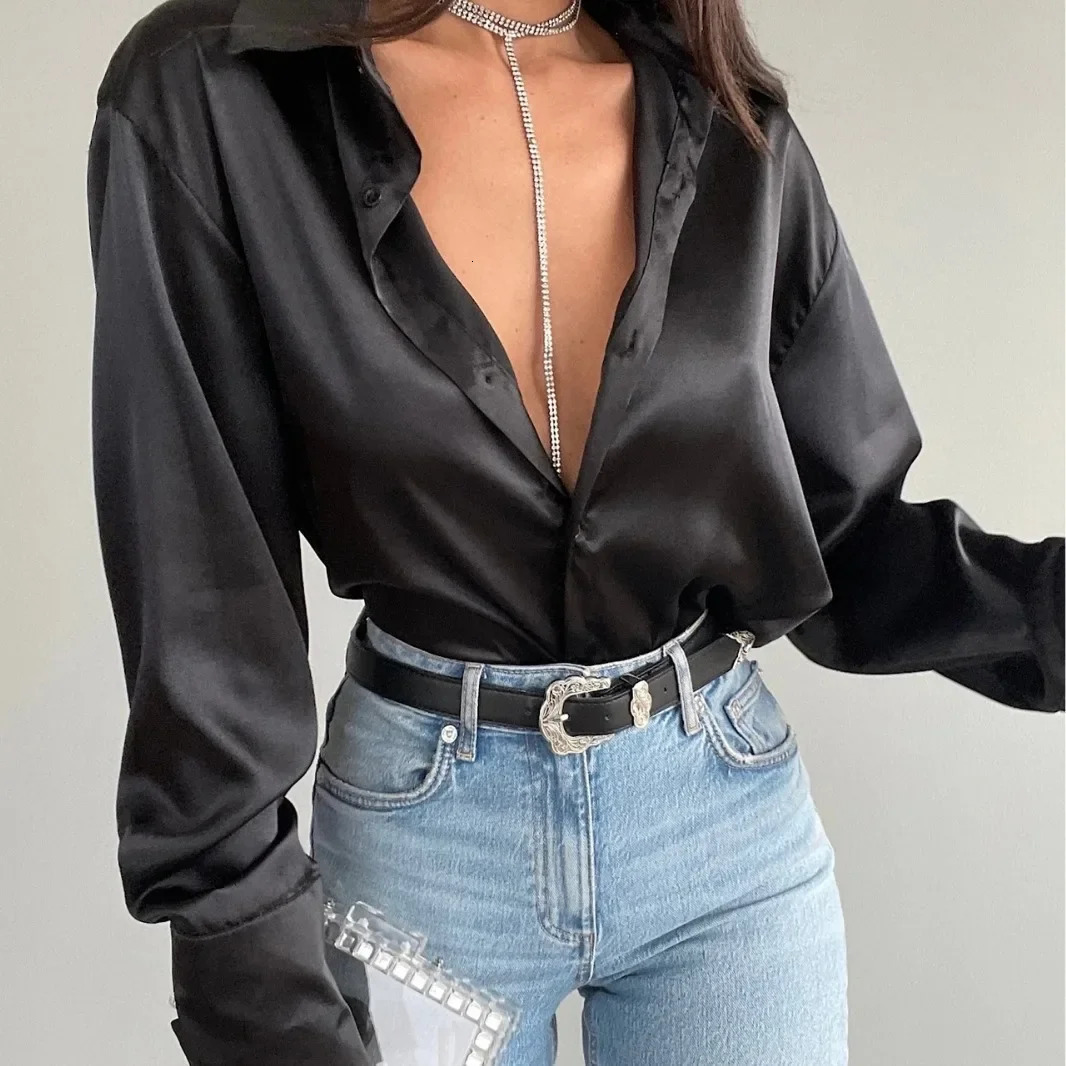 Sexy Professional Long Sleeve Satin Finish Single Button Shirt Womens Fashionable Business Shirt T-Shirt Female Clothing 250617