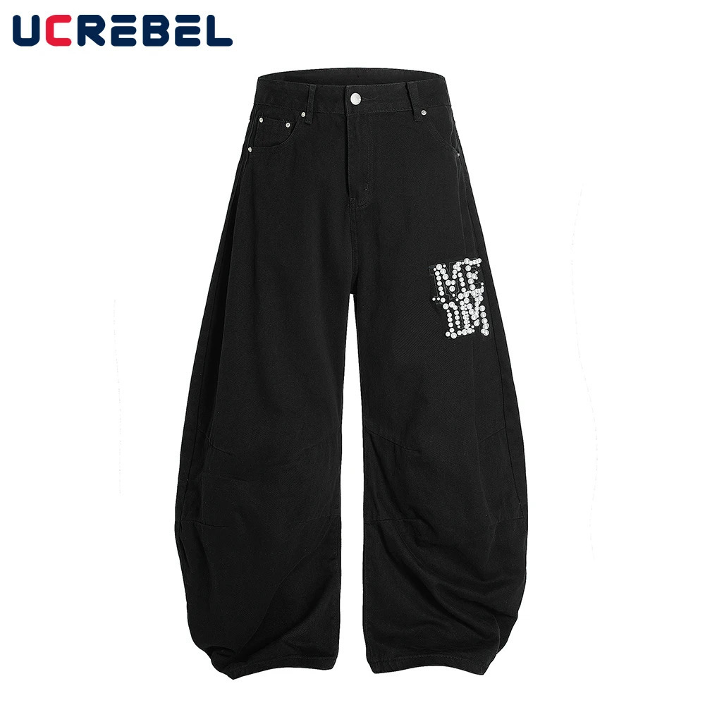 Beading Letter Cargo Jeans Mens Retro High Street Washed Distressed Loose Wide Leg Denim Curved Blade Pants Men 250616