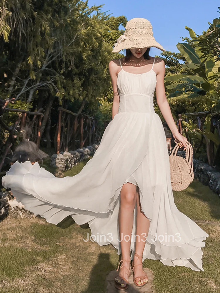 Women Vacation Clothes White Chiffon Sexy Sling Backless Slim Maxi Long Dress Elegant Fashion Party Prom Vestidos Robe Beach New