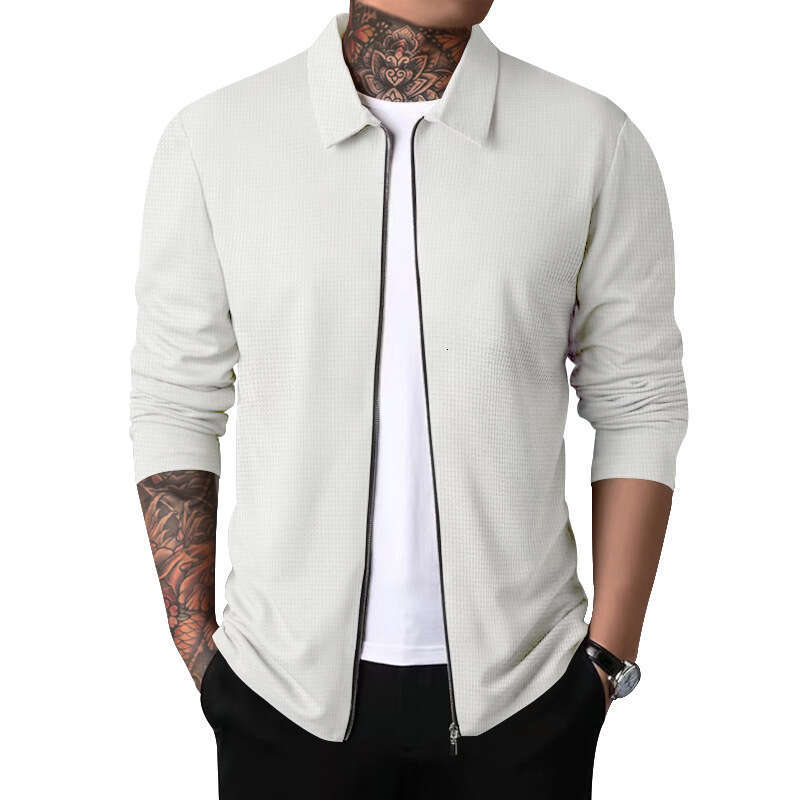 Cross-border Cardigan Men Autumn New Zipper Coat Casual Men's Long Sleeve Turn-down Collar Waffle Jacket