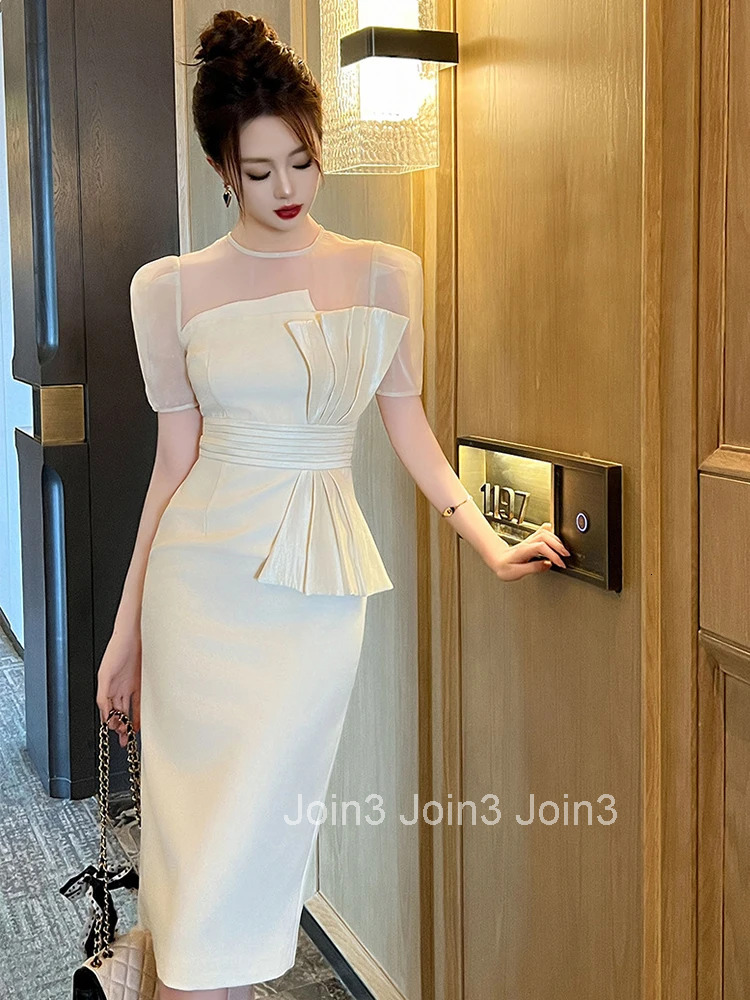 Summer Fashion Solid Formal Occasion Evening Dress Women Clothes Elegant Office Sexy Puff Sleeve Slim Midi Party Prom Vestidos