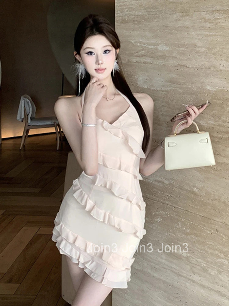 Women Vacation Clothes Sweet Ruffle Sexy Strap Backless Slim Mini Short Dress Ladies Fashion Evening Party Prom Vestidos Summer