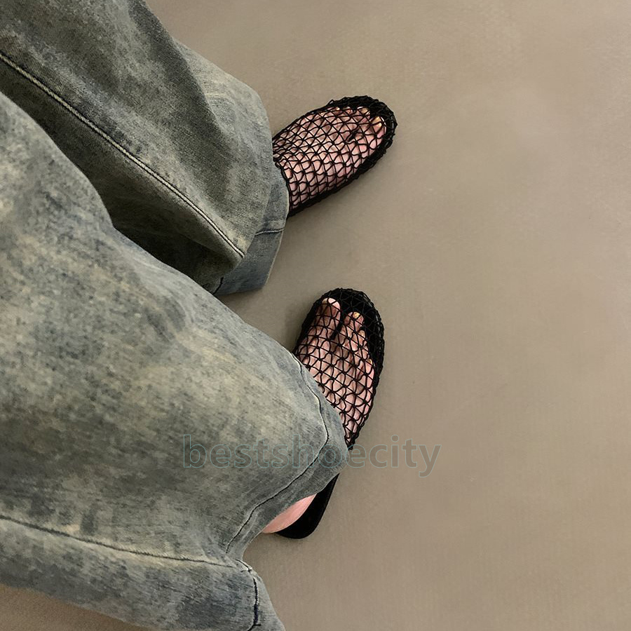 designer sandals summer slides hollow out mesh slippers fishnet women shoes crochet net flats heels sandal fashion simple sandale mules