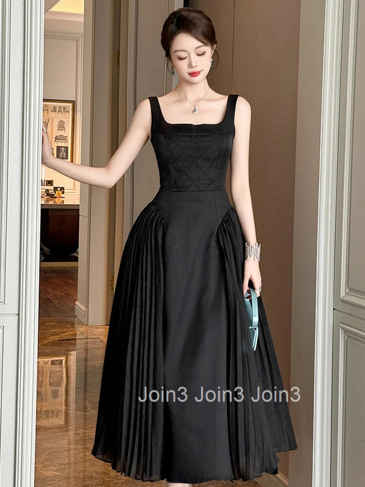 Women Vacation Clothes Black Sexy Sling Slim Pleated Maxi Long Dress Elegant Fashion Evening Party Club Prom Vestidos Robe New