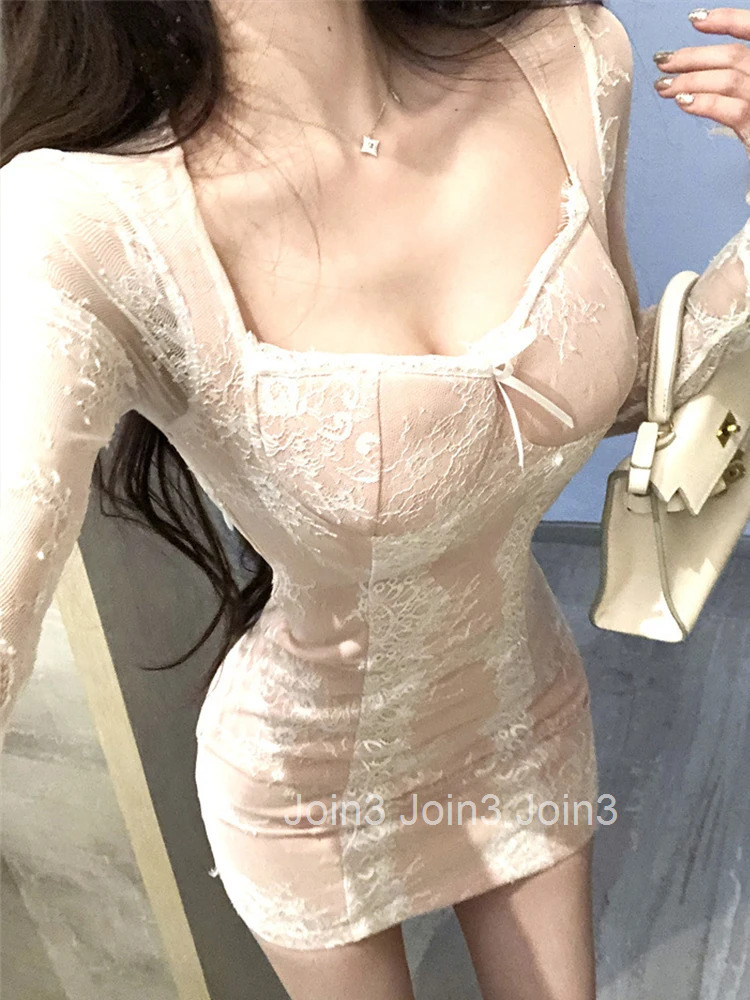 Hotsweet Cute Prom Dress Women French Sheer Perspective Lace Patchwork Bow Wrap Hip Skinny Short Gown Lady Date Party Vestidos