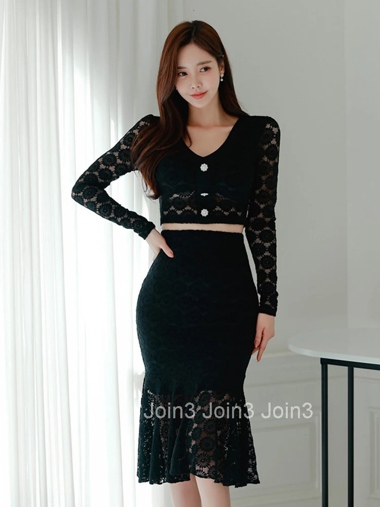 New Fashion Lace 2 Pieces Outfits Women Clothes Elegant Sexy Cropped Short Tops Shirt Blouse And High Waist Midi Skirt Mujer Set