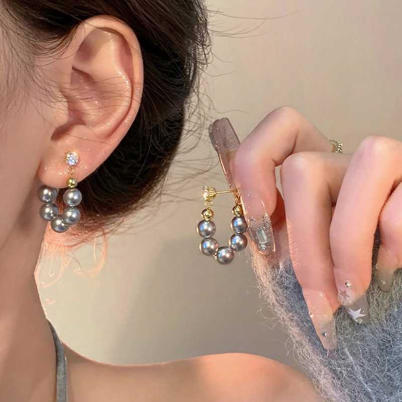 New Delicate Gray Pearl Zircon Hoop Earrings for Women Vintage Elegant Crystal Beaded Earrings Bride Wedding Jewelry Gifts XJ250623