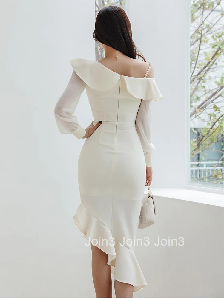 New Fashion Lady Asymmetrical Evening Dress Women Clothes Elegant Sweet Ruffle Sexy Off-Shoulder Slim Party Prom Vestidos Robe