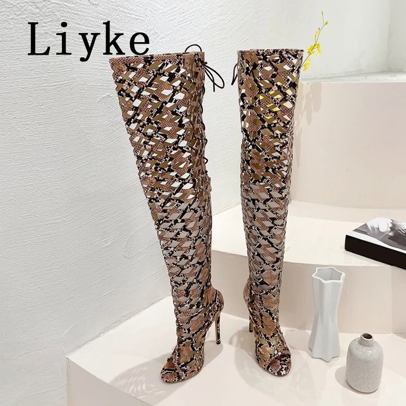 Liyke Sexy Snakes Print Leather Women Hollow Out Thigh High Over The Knee Boots Sandals Fashion Open Toe Zip Lace-Up Heels Shoes 250617