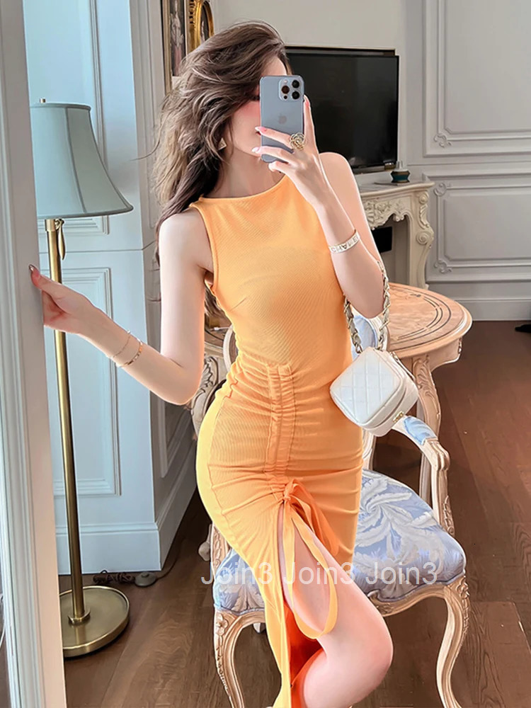 New Korean Women Evening Dress Temperament Casual Yellow Sexy Tank Folds Slit Midi Party Prom Vacation Robe Femme Mujer Vestidos