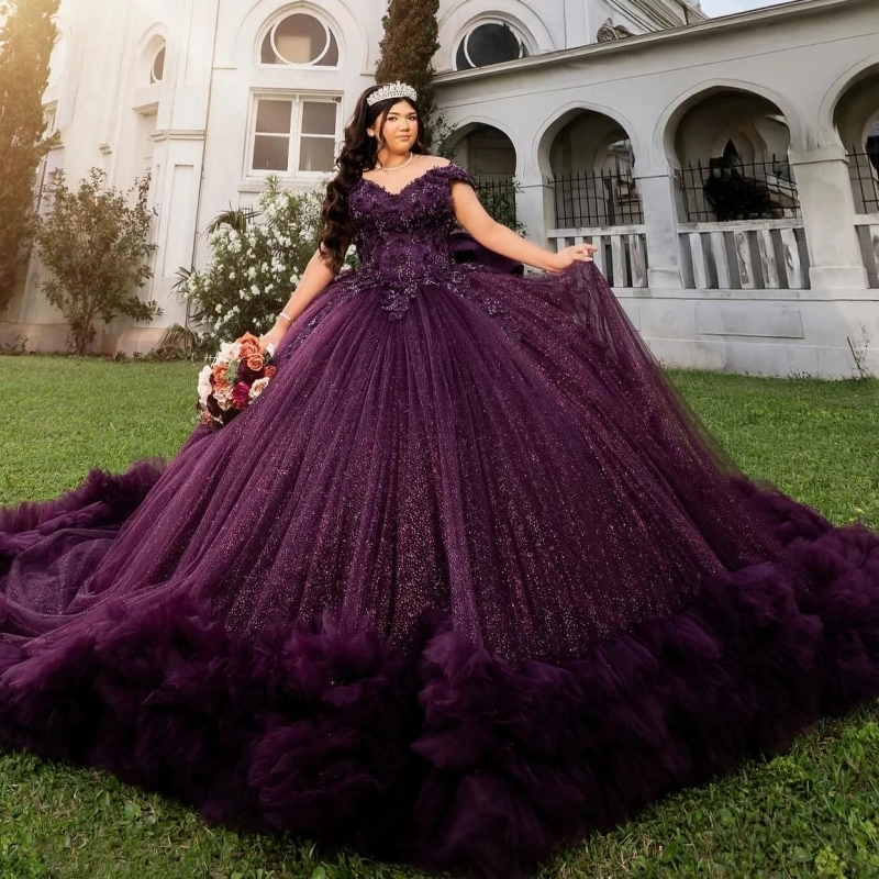 Purple Shiny Ball Gown Quinceanera Dresses Lace Applique Beading Ruffles Tiered Tull Bow Sweet 16 Dress Vestidos De 15 Anos
