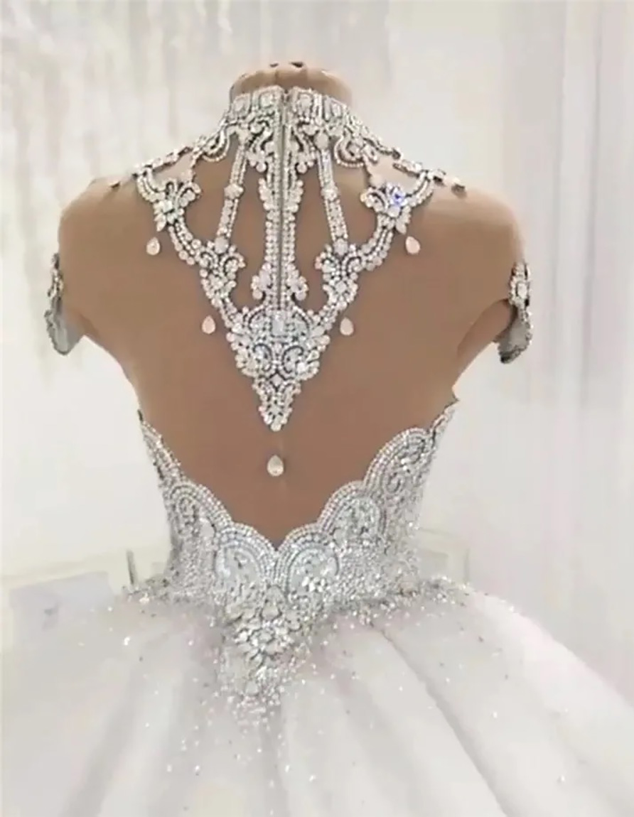 White Wedding Dresses Ivory Bridal Gowns New A Line Sleeveless Sequins Beaded Custom Zipper Lace Up Plus Size Formal High Neck Crystal Tulle Gorgeous