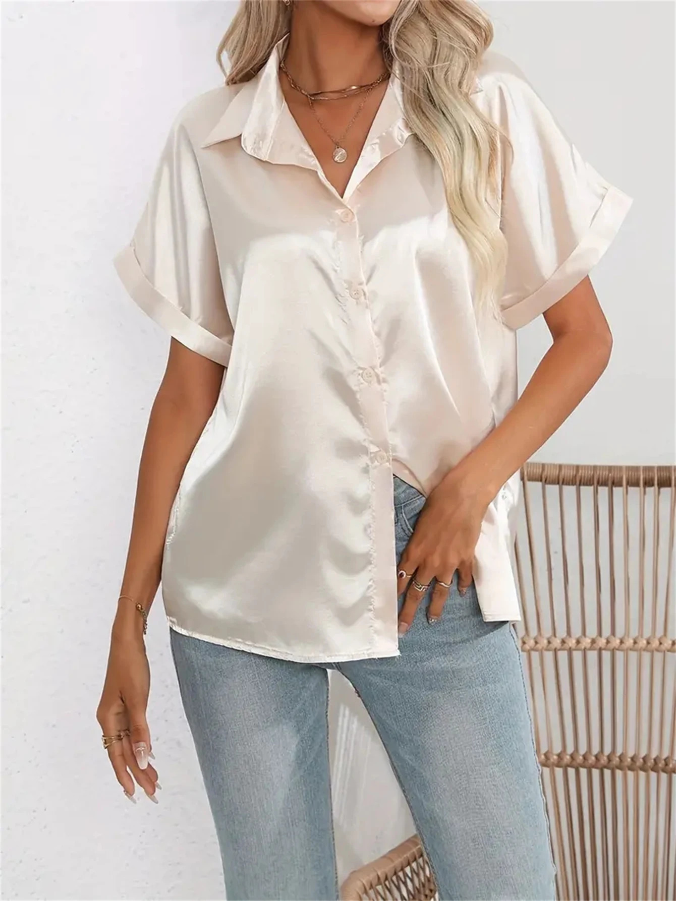 Casual Turn-Down Collar Button Front Solid Color Short Sleeved Satin Shirt Women Summer Blouse 250617
