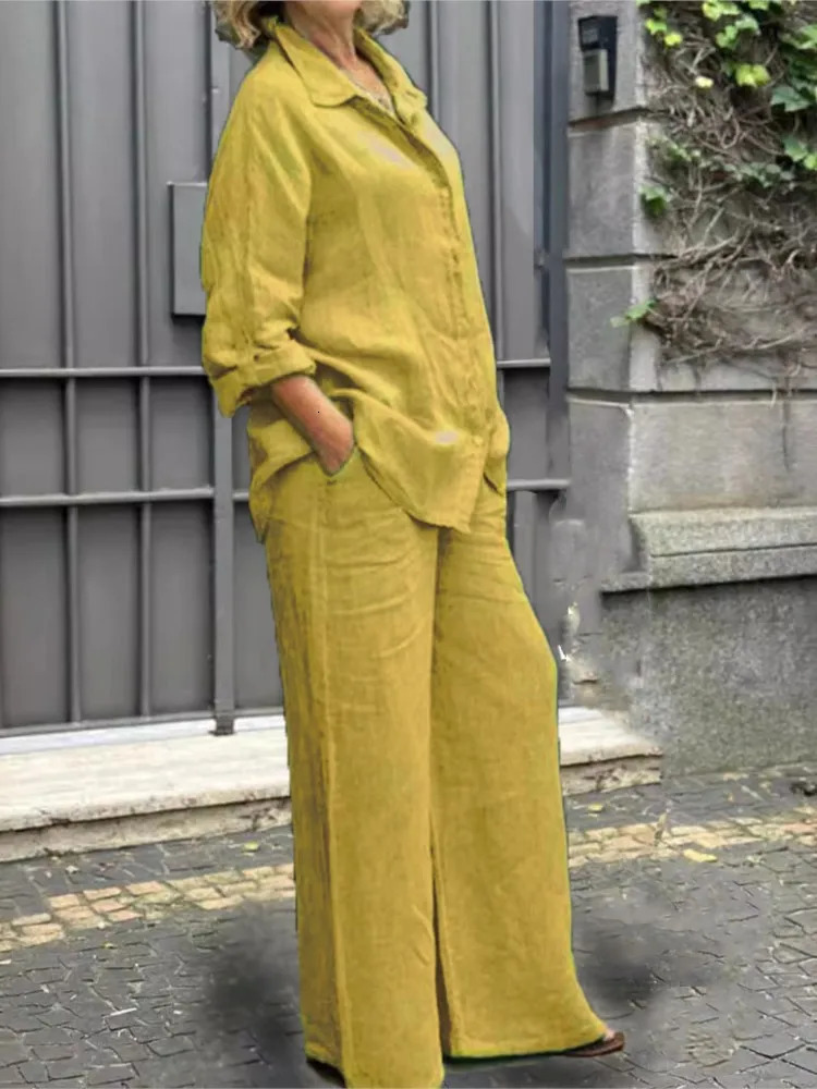Fashion Cotton Linen Shirt Long Sleeved Womens Set Spring Autumn Loose Wide Leg Trousers Female Office 2piece 250614