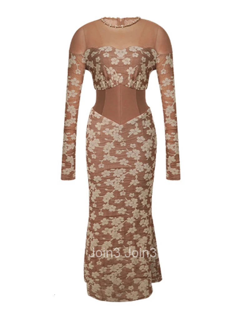 Women Clothes Fashion Elegant Luxury Floral Evening Dress Retro Sheer Sexy O-Neck Corset Skinny Long Robe Party Prom Vestido New