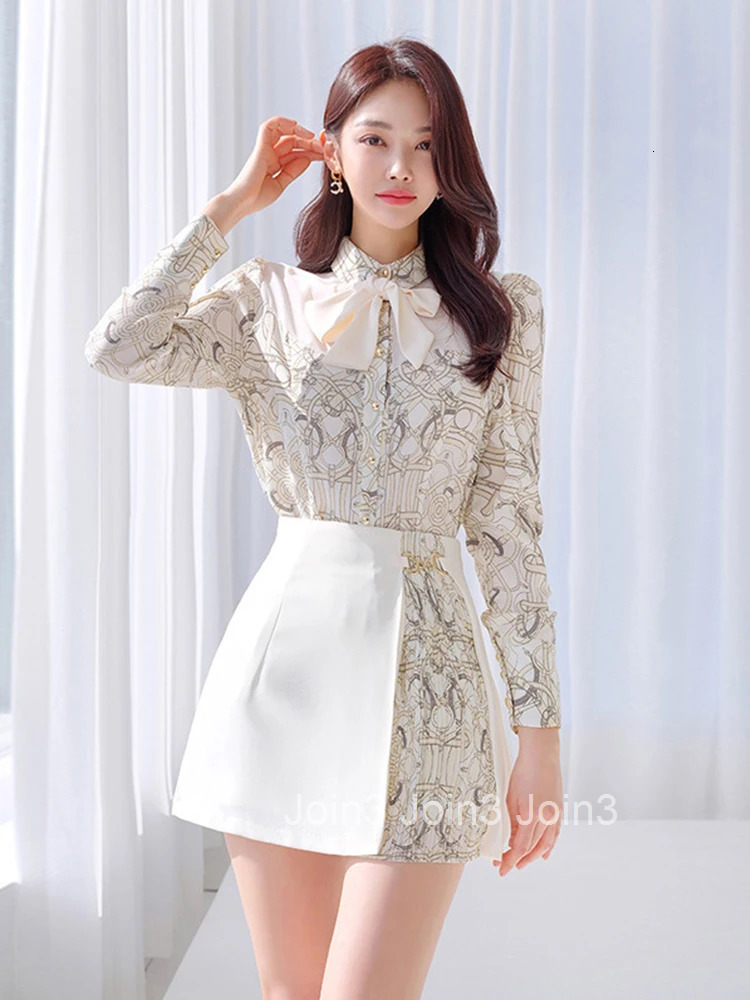Spring Autumn 2 Pieces Outfits Elegant Office Women Formal Chic Vintage Print Tops Shirt Blouse Femme Short Mini Skirt Mujer Set