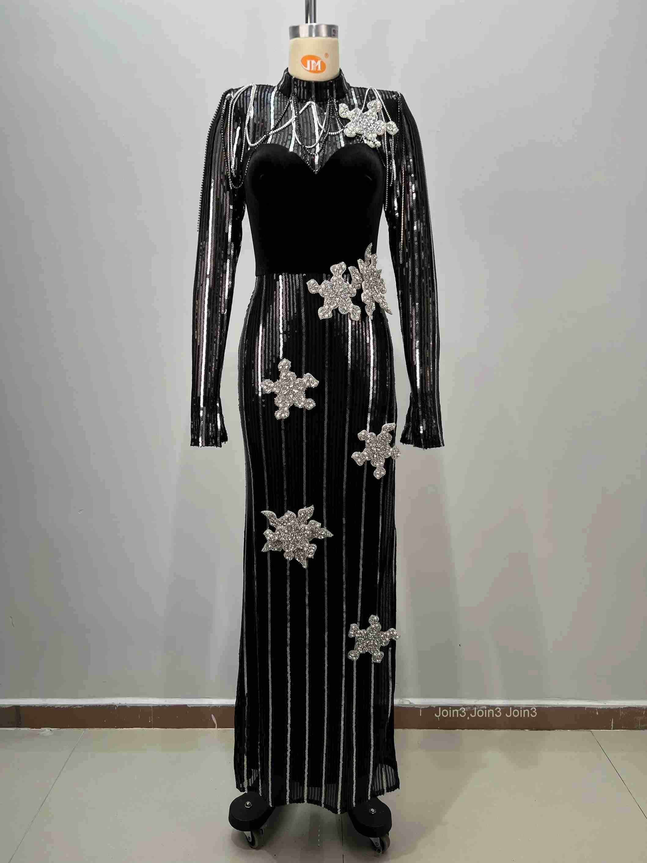 Bandage Sequin Dress with Crystal Flower Embellishments Sexy Long Sleeve High Slit Evening Gown Women Glitter Black Party Dress