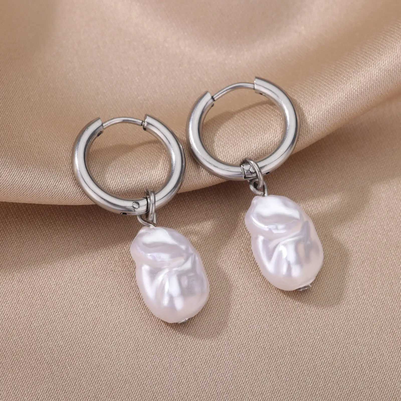 Baroque Pearl Earrings For Women Stainless Steel Water Droplet Silver Color Ring Drop Earring Wedding Party Jewelry Bijoux Femme XJ250623