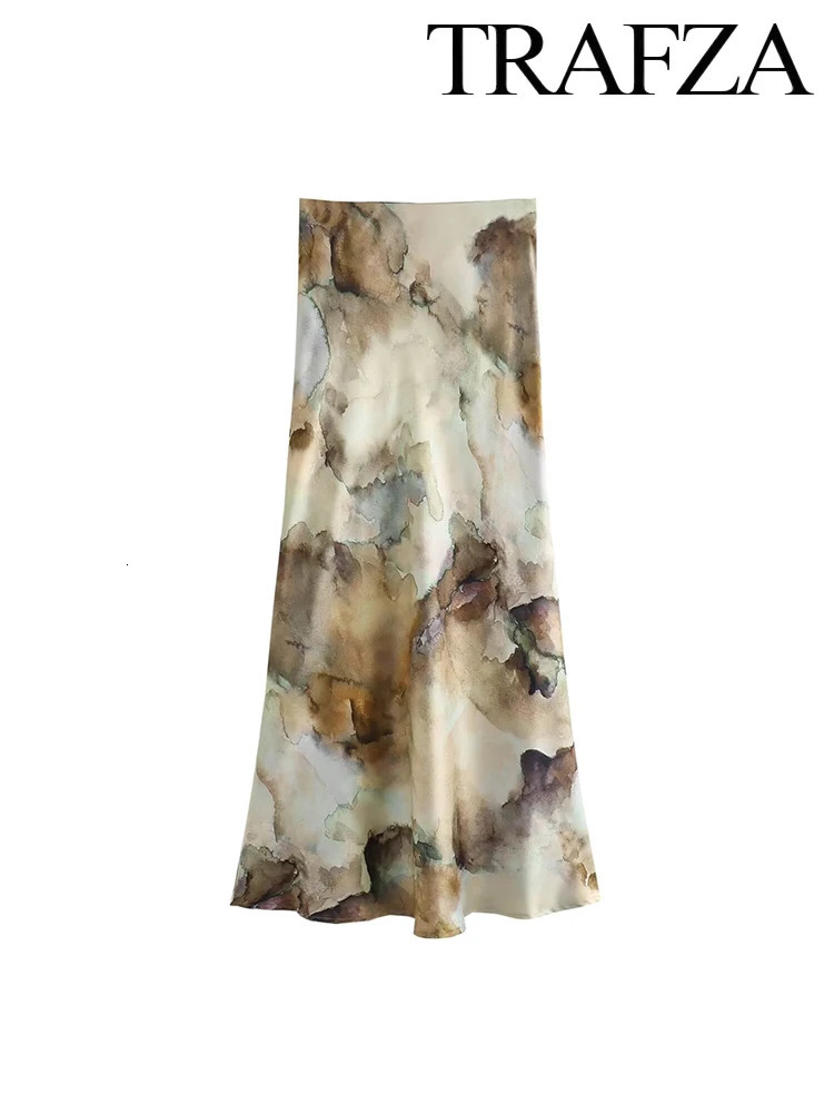 TRAF Womens Temperament TieDye Silk Texture Suit SingleBreasted Long Sleeve Loose Shirt Midi Elastic Waist Skirt 250614