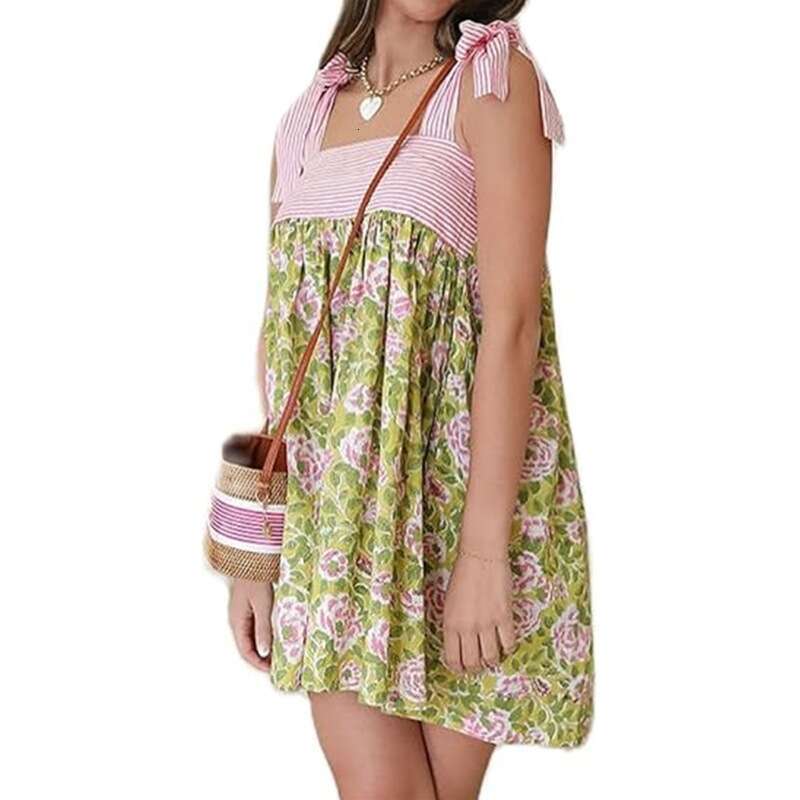 Strap Tie French Style Floral Loose Casual Short Ruched Square Neck Dress B5
