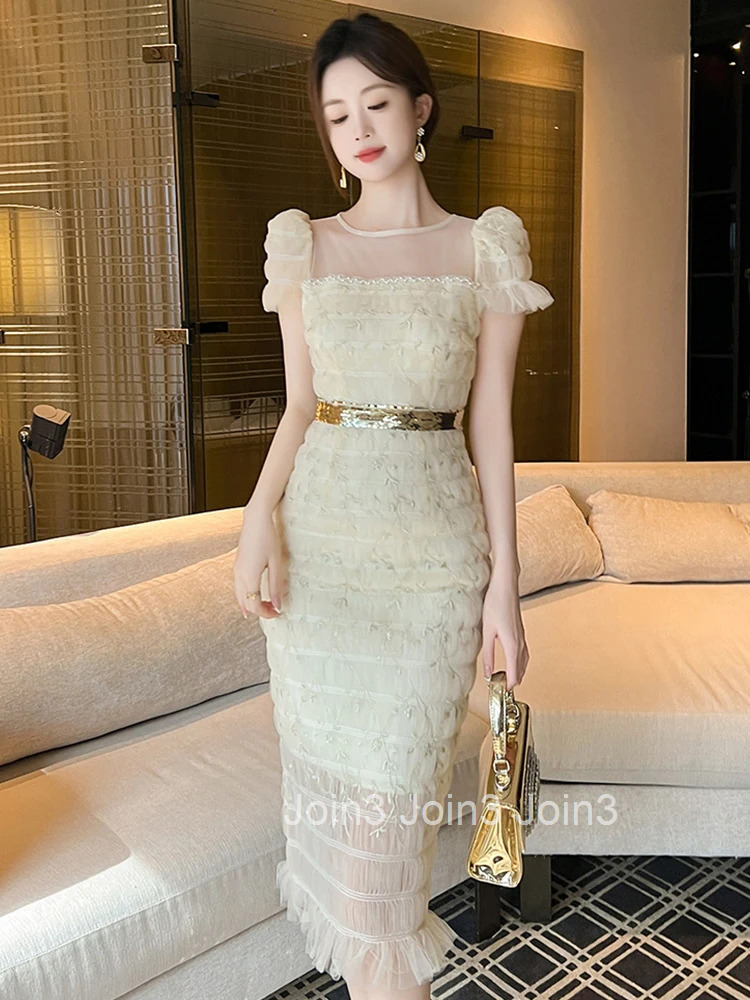 Women Clothes Mesh Embroidery Floral Sexy O-Neck Folds Skinny Evening Dress Elegant Luxury Fashion Party Prom Vestido Casual New