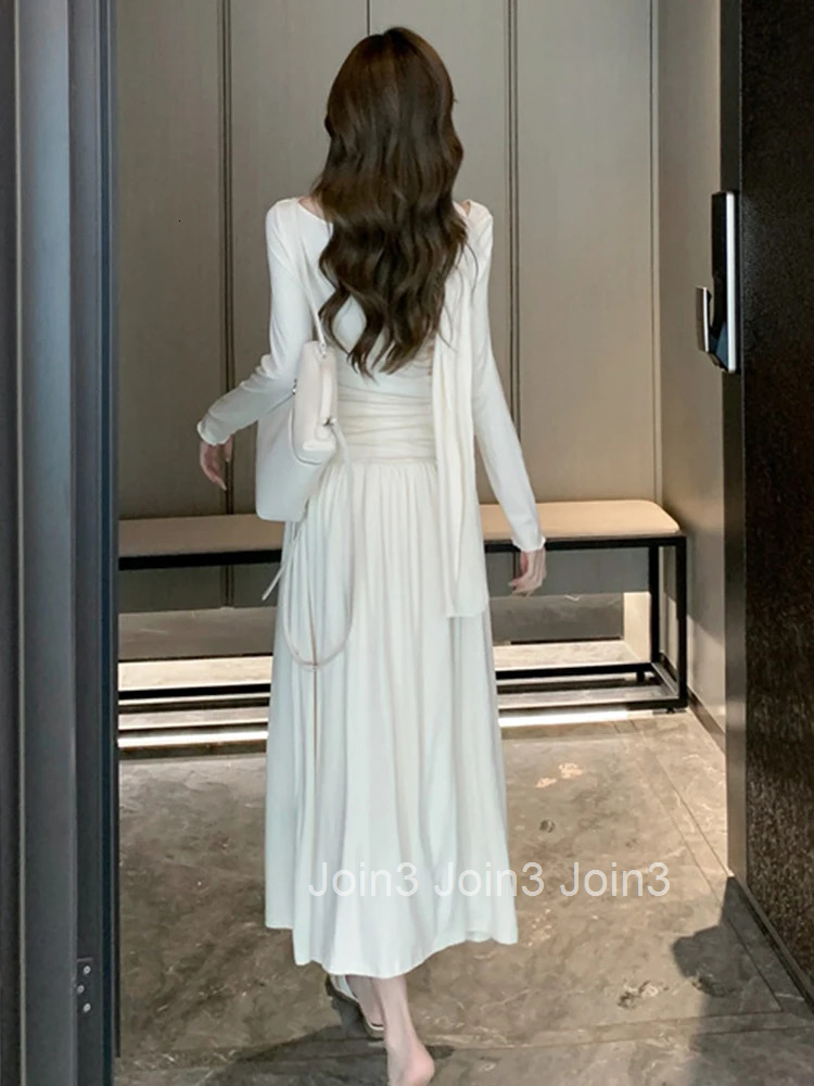 New Spring Autumn Fashion Casual Stretchy A-Line Long Dress Women Clothes Elegant Solid Long Sleeve Folds Slim Maxi Robe Vestido