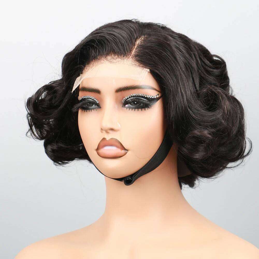 Layered Haircut Wavy Human Hair Bob Pre Cut Glueless HD Lace Clousre Wig Side Parted Short Bouncy Curly Frontal Wigs