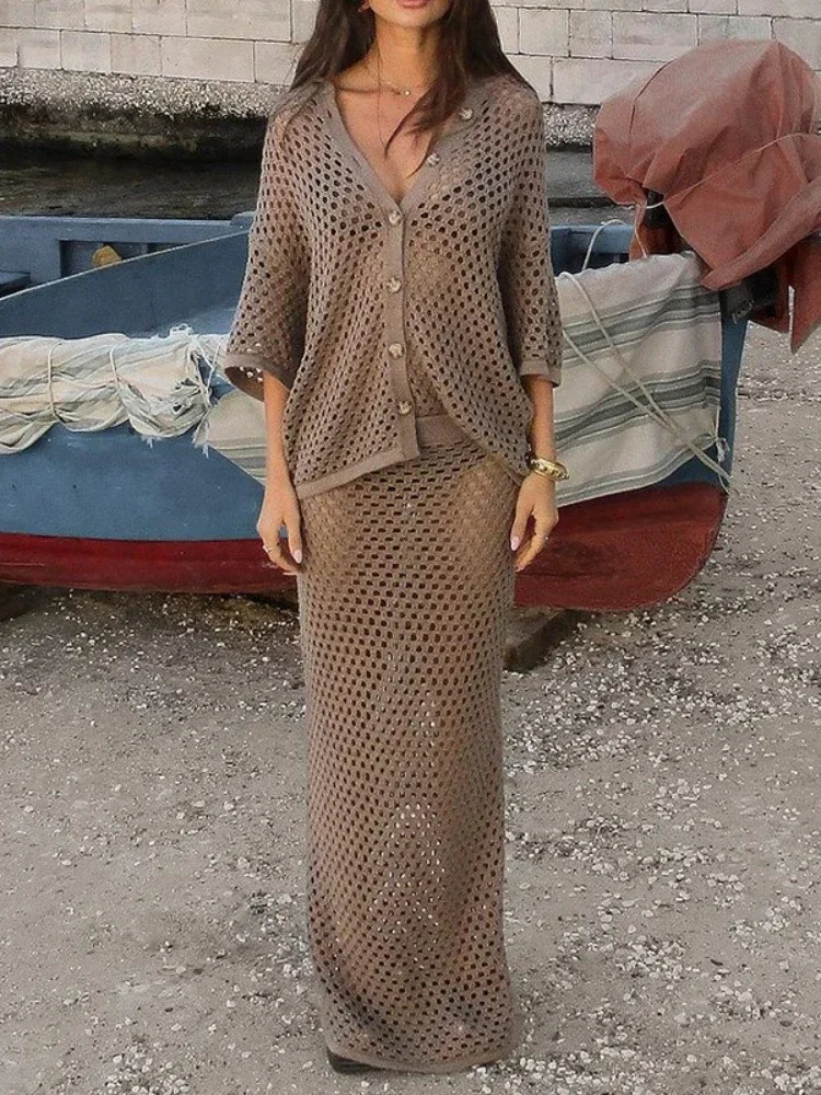 Womens Clothing Summer Casual Dress Sets Fashionable Mesh Fishnet Beach Knit Blouse Long Skirt Matching for Women 250614