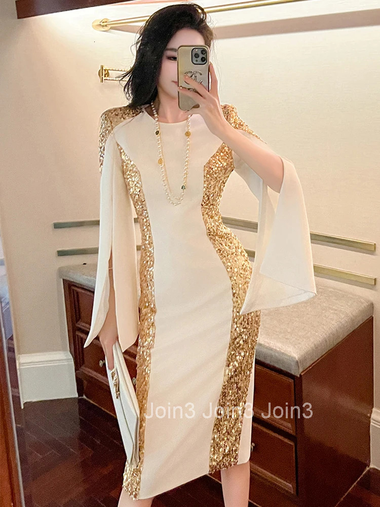 Fashion Sparkly Gold Sequin Evening Dress Women Ladies Clothing Elegant Commute Chic Slit Sleeve Midi Prom Robe Mujer Vestidos