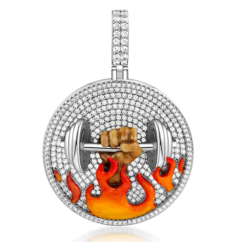 Hip Hop Punk Trendy Enamel Flame Dumbbell Moissanite Round Unique Niche Bling Bling Pendant Necklace
