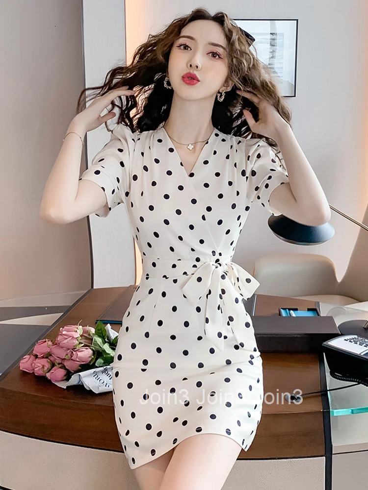 Summer Elegant Office Women Wrap Dress Formal Chic Satin Vintage Dot V-Neck Slim Midi Pencil Party Mujer Vestidos Street Clothes