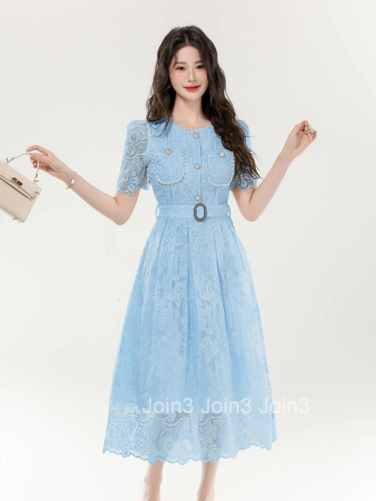 Women Clothes Sweet Floral Lace Sheer Short Sleeve Slim Midi A-Line Dress Elegant Fashion Party Vestidos Robe Casual Summer New