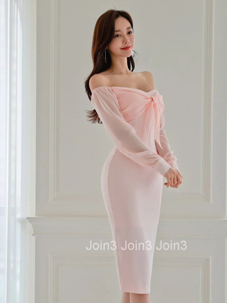 Korean Fashion Work Style Pink Sweet Evening Long Dress Women Clothes Elegant Sexy Off-Shoulder Slim Pencil Party Prom Vestidos