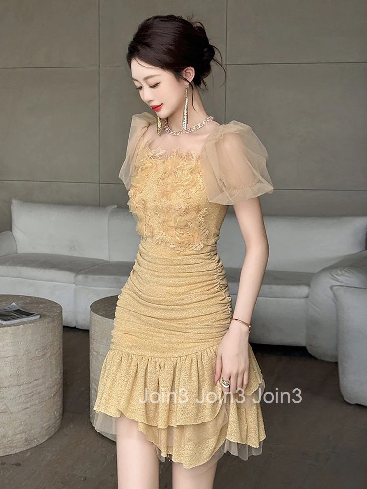Summer Fashion Bright Silk Sparkly Gold Evening Dress Women Clothes Sweet Mesh Sheer Sexy Bubble Sleeve Slim Party Prom Vestidos