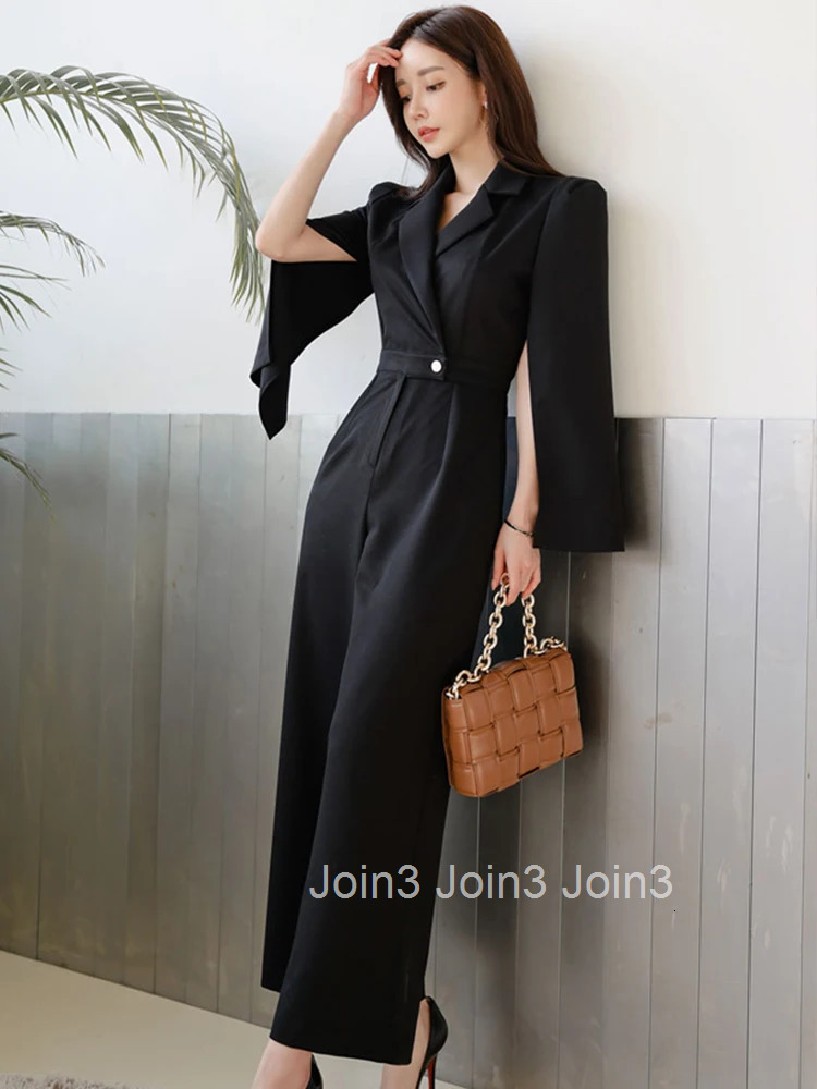 Fashion Wide Leg Loose Jumpsuit Women Elegant Lady Retro Temperament Open Sleeve Belt High Waist Chic Formal One Piece Rompers