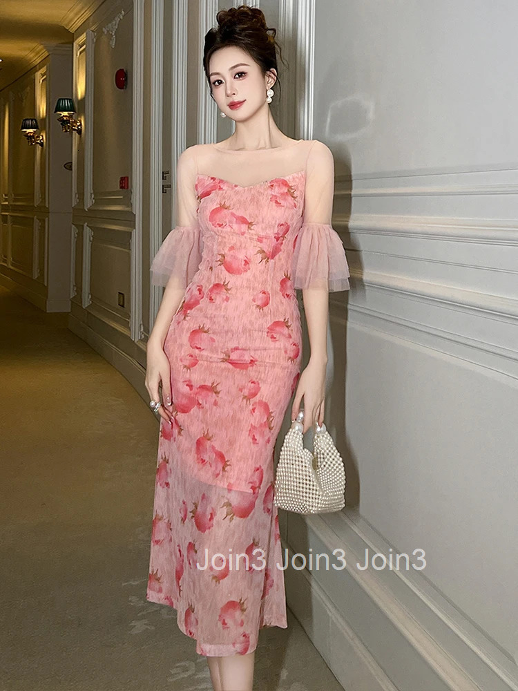 Summer Fashion Mesh Pink Floral Print Vacation Evening Dress Women Clothes Elegant Sweet Sheer Sexy O-Neck Skinny Party Vestidos