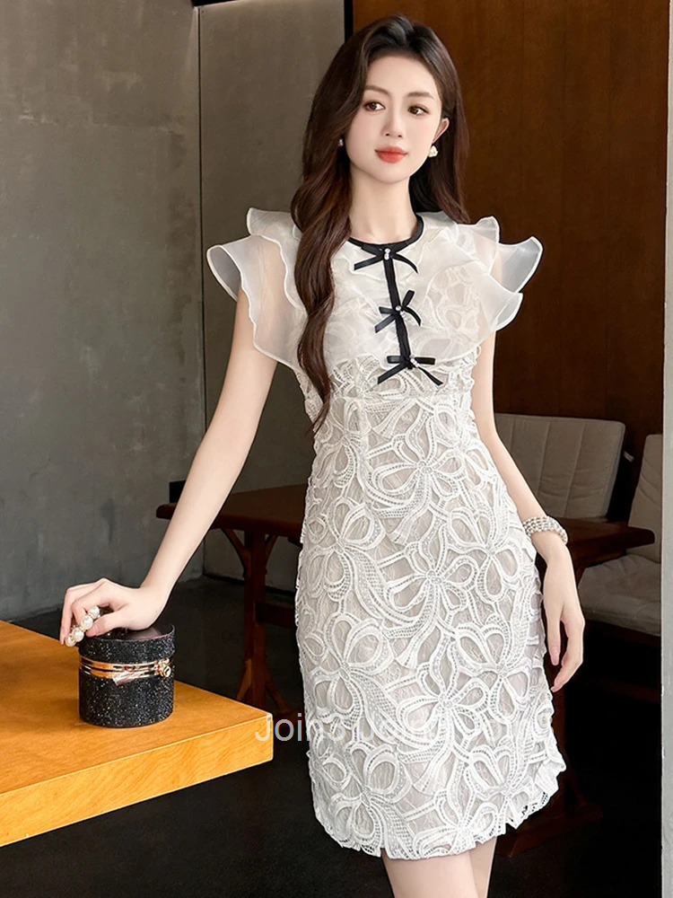 Summer Fashion Lady Lace Floral Vacation Evening Dress Women Clothes Sweet Ruffle Sexy Sleeveless Slim Short Party Prom Vestidos