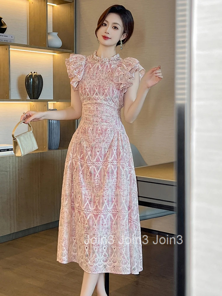 New Summer Sweet Casual Flower Embroidery Vacation Dress Women Clothes Ruffle Sleeve Slim Midi A-Line Robe Party Prom Vestidos