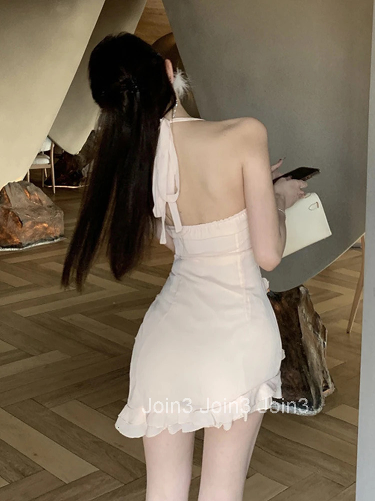 Women Vacation Clothes Sweet Ruffle Sexy Strap Backless Slim Mini Short Dress Ladies Fashion Evening Party Prom Vestidos Summer