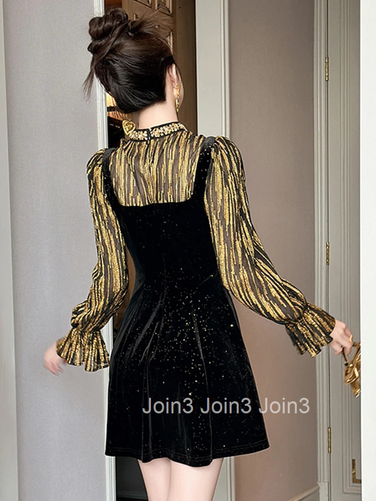 Women Clothes Sparkly Fake 2 Pieces Velvet Slim Mini Short A-Line Dress Elegant Luxury Ladies Fashion Party Prom Vestidos Spring