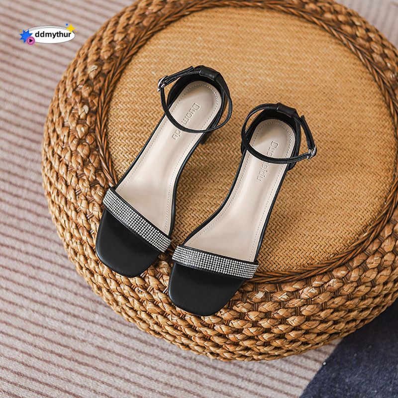 288-88 High Heels for Women Summer New Versatile with Skirt Black Rhinestone One Strap French Style Sandals Mid Chunky Heel ddmythur