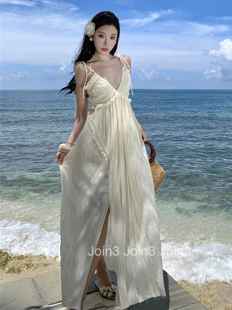 Women Vacation Clothes Sweet Floral Hollow Sexy Sling V-Neck Loose Maxi Long Dress Elegant Fashion Party Prom Vestido Robe Beach