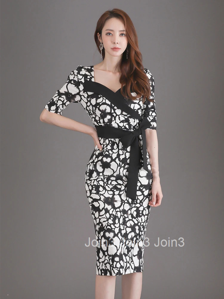 New Korean Fashion Summer Elegant Women Dress Chic Retro Formal Print V-Neck Slim Wrap Midi Pencil Street Clothes Mujer Vestidos
