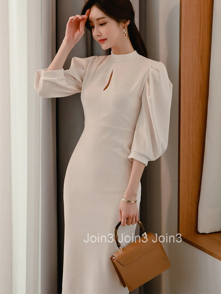 New 2023 Korean Fashion Spring Autumn Women Evening Dress Sexy Hollow Lantern Sleeve Slim Midi Pencil Party Prom Mujer Vestidos