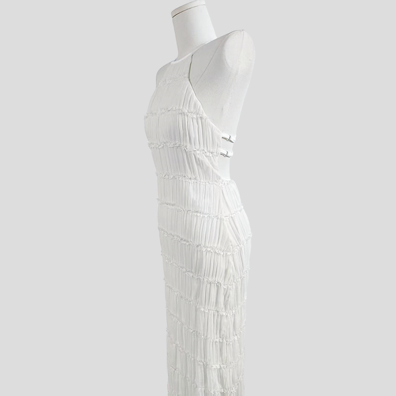 Elegant White Halter Maxi Dress, Layered Ruffle Detail for Women