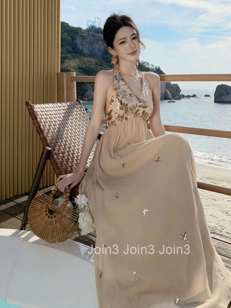 Women Clothes Sweet Chiffon Sexy Halter Backless Maxi Long A-Line Dress Elegant Fashion Evening Party Vestidos Robe Vacation New