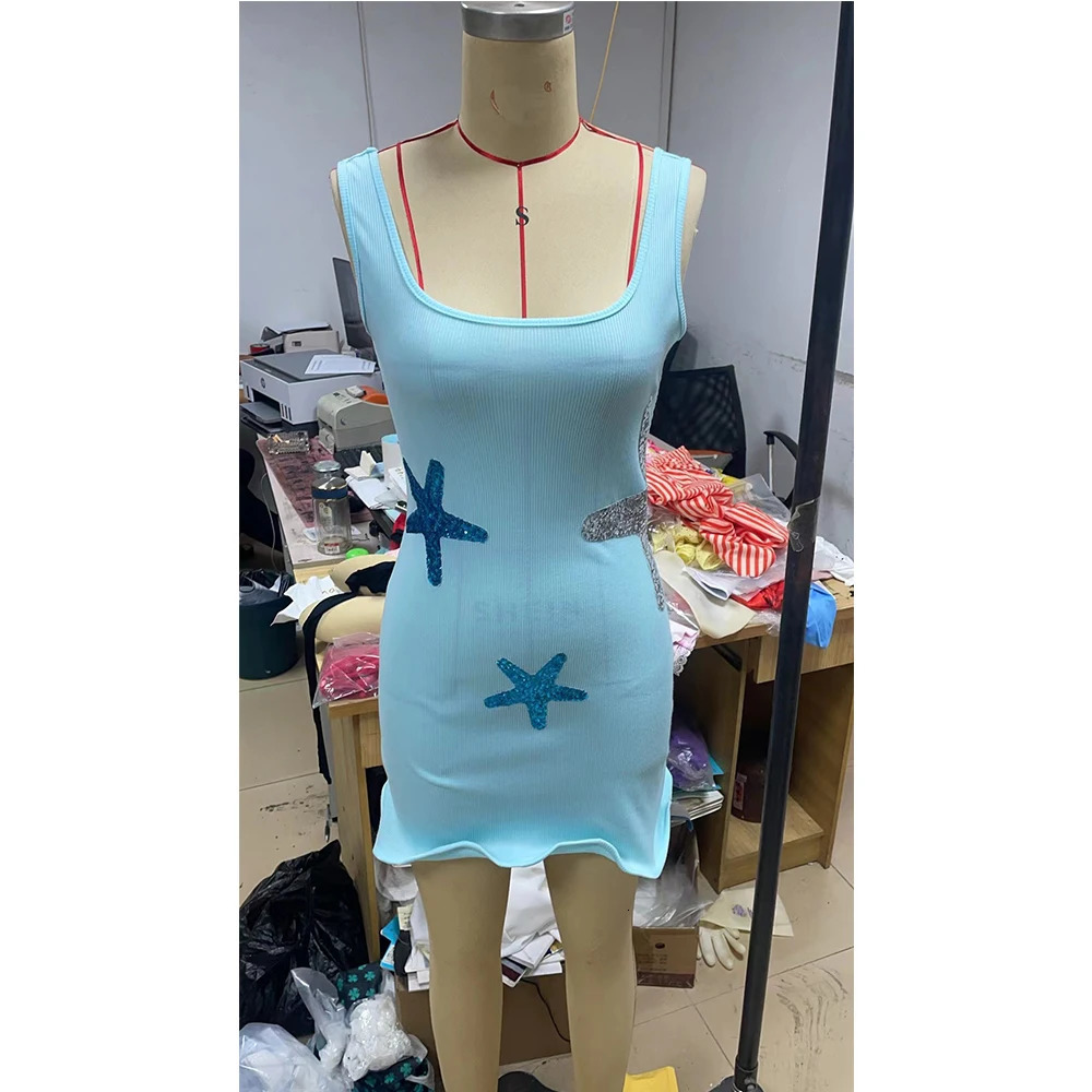 Chic Sparkling Starfish Ruffle Women Y2K Coquette Mini Dresses Elegant Sleeveless Backless Pleated Knit Dress Female Party Robe 250616